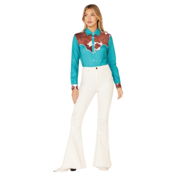 RANCH DRESS'N Fallon Taylor "Cowhide & Teal" Performance Rodeo Cowgirl shirt 3XL - Picture 5 of 12